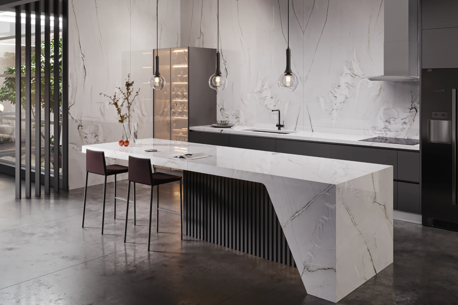 Cozinha gourmet com bancada revestida de quartzito Mont Blanc