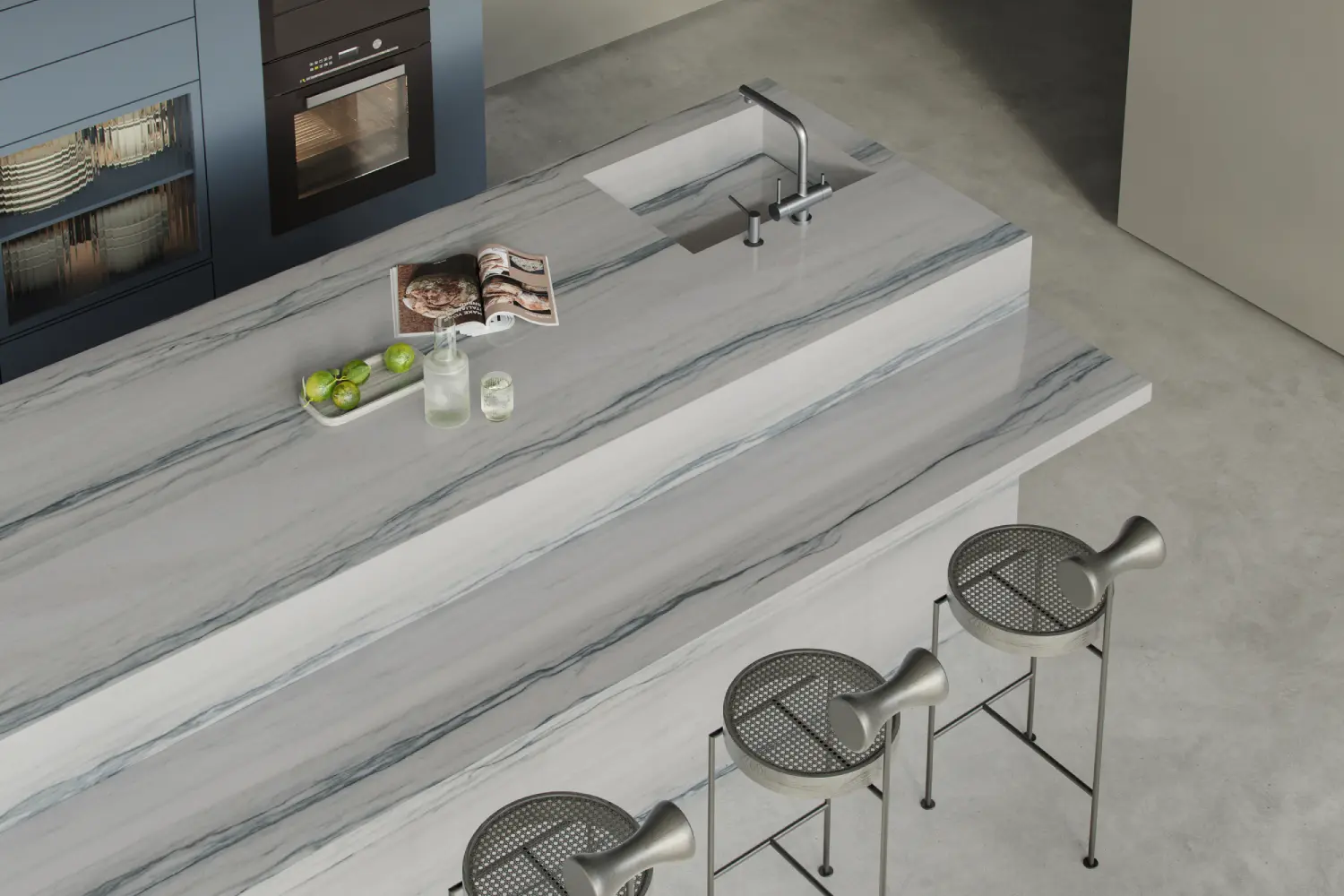 encimera de cocina con acabado slim usando el quartzita Perla Grey