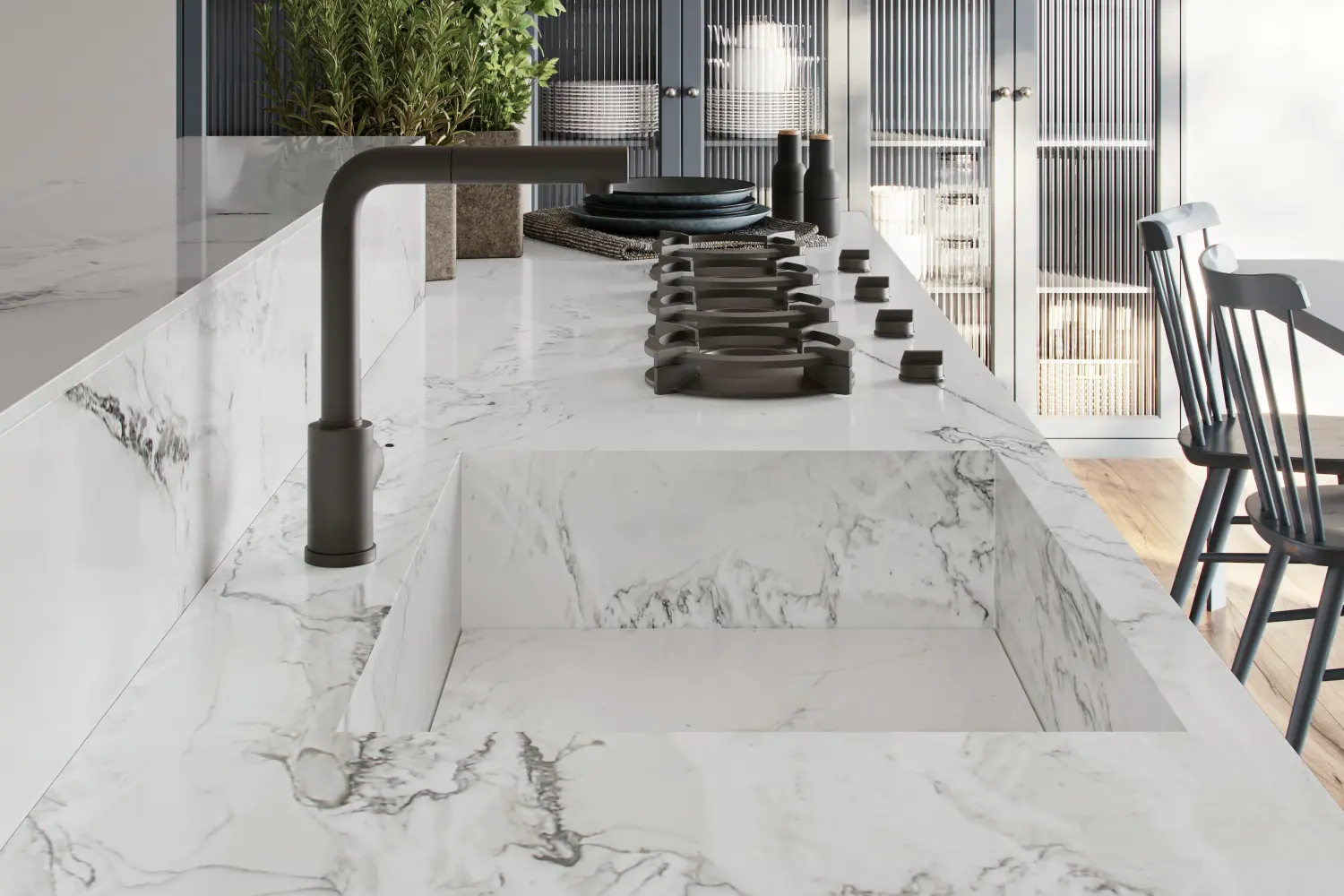 Cocina con encimera de quartzito Mont Blanc