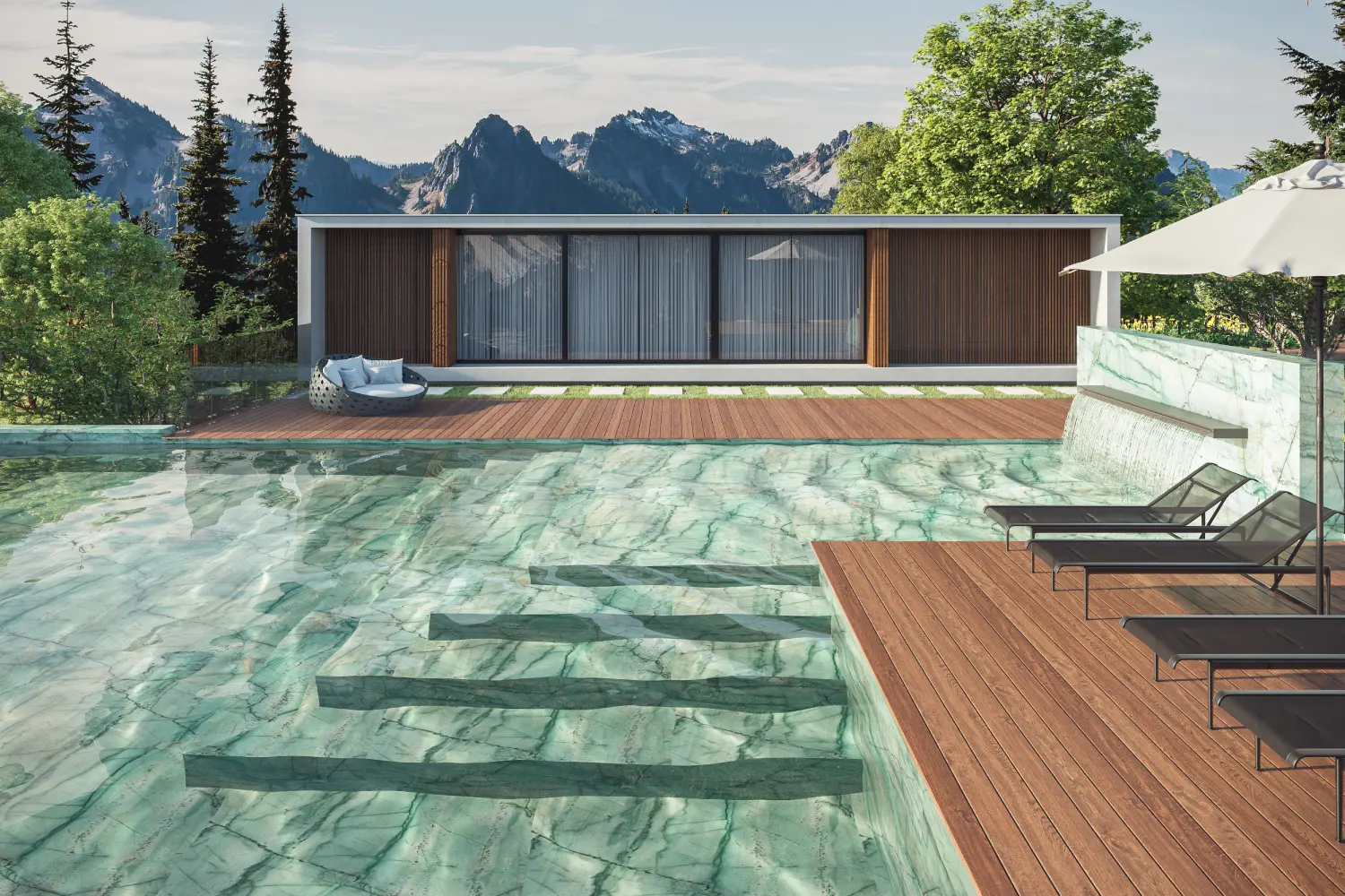 Pool area covered with green Da Vinci quartzite