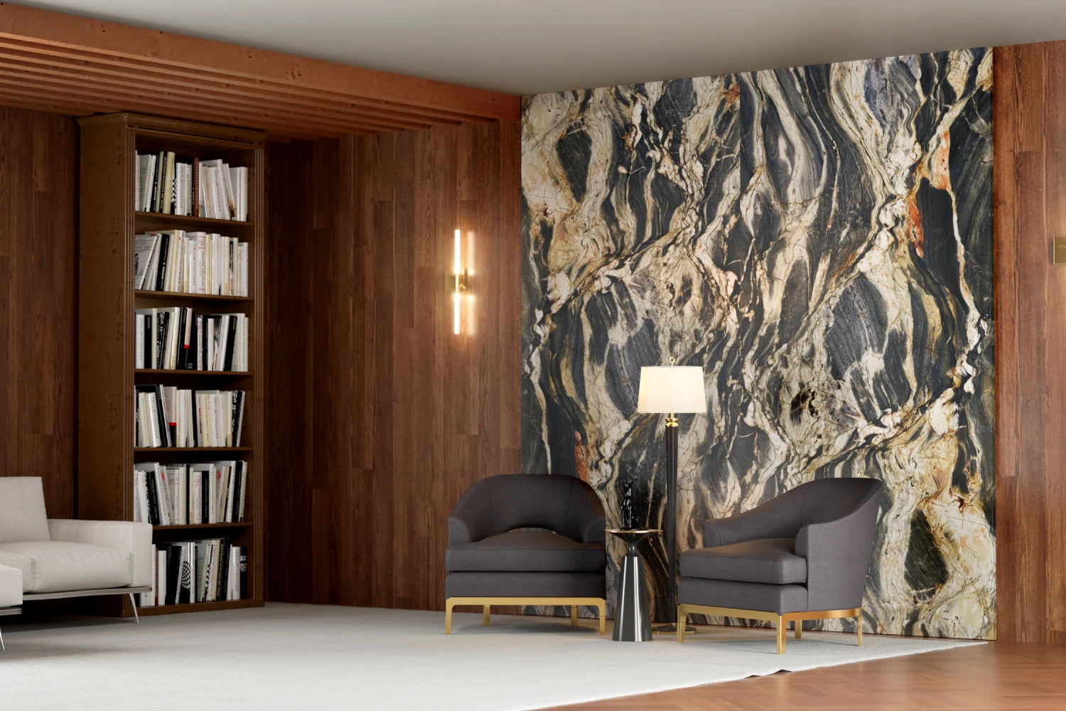 Sala de estar luxuosa com um painel revestido de quartzito Colorado